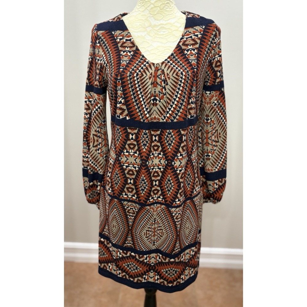 VTG Signature Robbie Bee Women's Petite S Mini Dress Puff Sleeve Aztec Brown 70s